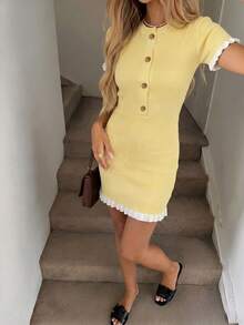Women's Elegant Lemon Yellow Striped Knit Bodycon Mini Dress, Charming Round Neck, Attractive White Ruffle Trim, Refined Gold Buttons, Flattering Short Sleeve Knit Dress - Yellow - View 2