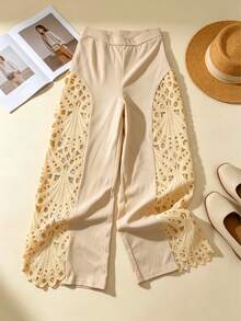 European And American Cross-Border Spring/Summer Versatile High-Waisted Lace Hollow-Out Patchwork White Flowy Wide-Leg Pants - Apricot - View 5