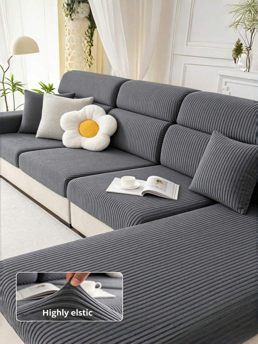1PC Solid Color Fleece Sofa Seat Cover, Soft Plush Sofa Seat Cover, Elastic Comfortable, Suitable For All Seasons, Warm, Minimalist Style, Anti-Slip Anti-Fouling, Elastic, Machine Washable, Suitable For Backrest Cover/1/2/3/4/L-Shaped Chaise Sofa, With Armrests And Backrest, Living Room, Bedroom, Study (Pillow Case Not Included) - Dark Grey - View 1