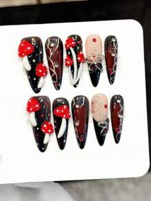 10pcs Handmade Long Pointed Slim Press-On Nail Tips, Black Acrylic Nails, 3D Mushroom Flower Nail Art, Gemstone Bow Rhinestone Decor, Luxury Summer Party Daily Date Vacation Outfit DIY Nails, Women Girls Gift Nail Supplies - Multicolor - View 11