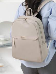 Women's Nylon Solid Color Quilted Large Capacity Versatile Backpack, Minimalist Casual Student Backpack, Storage Travel Bag, Commuter Bag - Beige - View 3