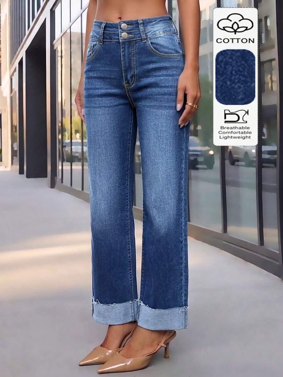 Jeans a vita alta con doppio bottone e gamba ampia per donne, design vintage con orlo arrotolato, jeans dad elasticizzati e larghi a gamba dritta, blu navy casual - Blu lavato scuro - Visualizzare 1