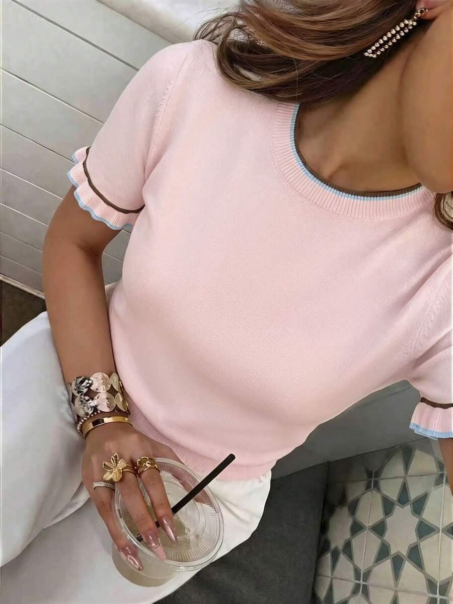 Jersey de punto de manga corta con cuello redondo, volantes y bloques de color, estilo casual de verano para mujer, color rosa