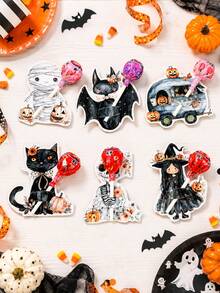 48pcs Halloween Lollipop Decoration Cards, 6 Styles Vintage Floral Black Cat Witch Mummy Skeleton Camper Cutout Candy Cards, Halloween Party Candy Packaging Labels, 2026 Halloween Decor, Halloween Party Supplies, Trick Or Treat, Ghost Party Decoration - Halloween B - View 3