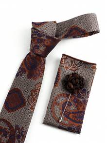 ZLQ&GOU 3 PCS Brown Cashew Flower Jacquard Silk Tie Set, Includes Tie, Pocket Square, Lapel Pin, Suitable For Wedding, Business, Party, Gift - Brown - View 8