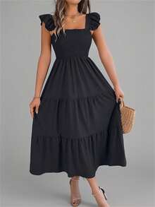 Elegant Olive Green Summer Midi Dress With Square Neck, Sleeveless, Ruffled And Open Back - Black - View 1