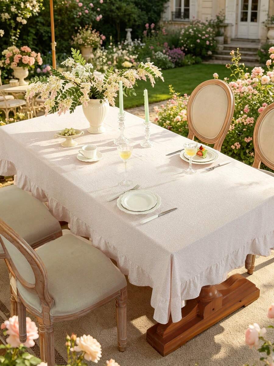 1pc Ruffle Tablecloth, Farm Style, Suitable For Dining Table Decor, Picnic Tablecloth, Holiday Celebration, Party Gathering, Birthday Banquet, Daily Dining Table, Kitchen And Dining Room Decor, All Seasons, Home Decor - Baby Pink - View 1