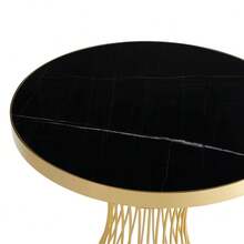 60cm Round Marble Texture Small Table, Gold Steel Base, Glossy Tabletop, Suitable For Living Room/Dining Room/Coffee Corner - Black - View 5