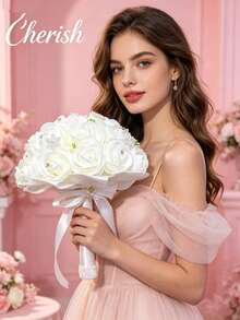 Luxury White Artificial Rose Bridal Bouquet, Crystal Decor Wedding Ceremony Photo Prop - 1PC - View 4