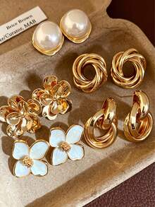 5pcs/Set Vintage Oil Drip Metal Geometric Flower Stud Earrings With Faux Pearls, French Niche Design, Personalized Minimalist Versatile Elegant Fashion Earring Jewelry Set, Suitable For Women's Daily And Holiday Wear - Set a - View 2