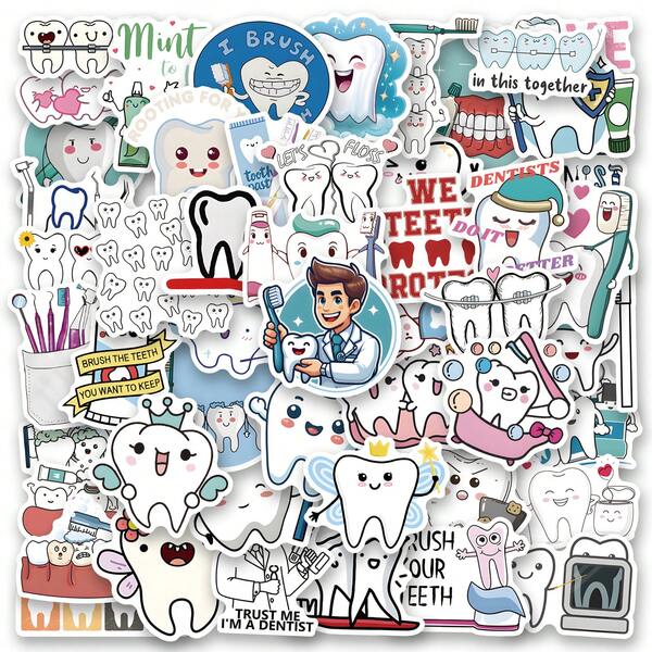 50Pcs Take Care Of Your Teeth Stickers, Aesthetic Stickers, High Quality Stickers Scrapbook, Decorative Paper, Journaling, Laptop, Bumper, Skateboard, Water Bottles, Computer, For Gift Bags, Envelope Seals, Party Decoration
