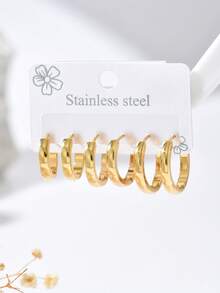 6pcs/Set Women's Stainless Steel Geometric Design Large Hoop Earrings Set, Suitable For Daily Wear - Gold - View 5