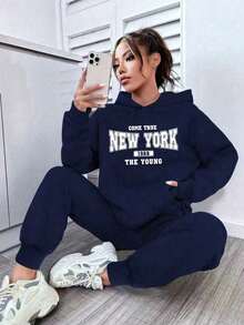 Youth Girl Letter Print Warm Hoodie And Pants - Royal Blue - View 1