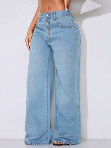 Low Waist Wide Leg Casual Blue Slant Pocket Curved Women Jeans - Baby Blue - View 1