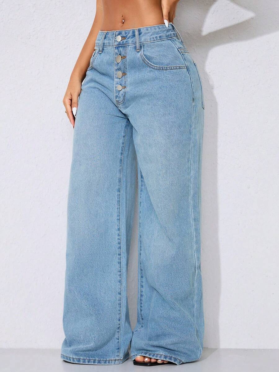 Low Waist Wide Leg Casual Blue Slant Pocket Curved Women Jeans - Baby Blue - View 1
