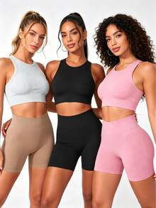 3 Pack High Waisted Seamless Workout Shorts Women Butt Lifting Tummy Control Biker Shorts 3 Inch - Pink, Black, Brown - View 2