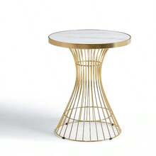60cm Round Marble Texture Small Table, Gold Shaped Steel Base, Glossy Tabletop, Suitable For Living Room/Dining Room/Coffee Corner - White - View 2