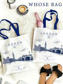 World Heritage Landmark Sketch Tote Bag, 3 Cities Optional: Mount /London/AlUla, Vintage Blue Print Large Capacity Canvas Bag, French Blue Pen Drawing Effect Pattern, Thick Fabric, Washable, Non-Deforming And Non-Fading, Suitable For Commuting, School, Short Trips, Store Visits, Artistic Outings, Versatile Item For Global Travel Enthusiasts, World Heritage Collection Series, Perfect For Gifts Or Personal Use - Multicolor - View 7
