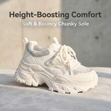 35-40 Size Rhinestone Decorated Mesh Thick Sole Solid Color Sports Lace-Up Commuter Chunky Sneakers Outdoor All Season Rhinestone Height Increasing - White - View 9