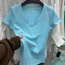 Fashionable All-Match Dopamine Blue V-Neck Short Sleeve T-Shirt, Loose Fit Slimming Casual Versatile Women's Summer Top - Blue - View 12