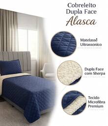 Single/Queen Double-Sided Bedspread Set With Sherpa Alaska 03 Pieces - Premium Soft Touch - 海軍藍 - 查看 7
