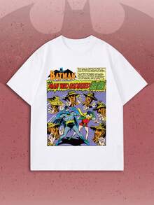 SHEIN X BATMAN Vintage Full Page Comic Bat Duo Figure & Bold Title Print Crew Neck Tee,  Summer Holiday Casual White - White - View 3