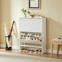 Zapatero de 80 x 24 cm con frontal ranurado, altura regulable con dispositivo antivuelco y mesa auxiliar decorativa para la entrada, en color blanco. - Blanco - Ver 2