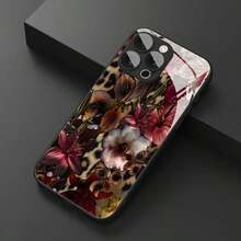 An Elegant Phone Case That Does Not Include A Lanyard Or Stand. This Shockproof, High-End, And Stylish Glass Phone Case Features A Vintage Floral Leopard Print And Intertwined Flowers. It's Compatible With [Brand Name Missing] And Made Of Tempered Glass, Making It A Perfect Spring Gift. - 黑色 3 - 查看 1