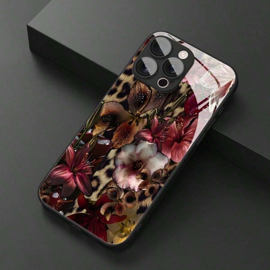 An Elegant Phone Case That Does Not Include A Lanyard Or Stand. This Shockproof, High-End, And Stylish Glass Phone Case Features A Vintage Floral Leopard Print And Intertwined Flowers. It's Compatible With [Brand Name Missing] And Made Of Tempered Glass, Making It A Perfect Spring Gift. - 黑色 3 - 查看 1