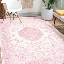 Washable Boho Area Rug 5'*7' Pink White Large Living Room Rug Non-Slip Soft Oriental Vintage Color Bedroom Carpet Dining Room Nursery Home Office Indoor Decor - Multicolor DT2 - View 9