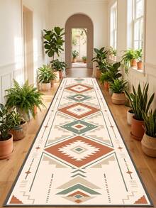 1pc Geometric Totem Patterned Long Runner Rug, Personalized Aesthetic Decor Carpet, Hallway Entryway Long Mat, Boho Vintage Style Accent Rug, Small Rug, Washable Carpet For Home Decor, Bedroom, Corridor - Multicolor - View 1