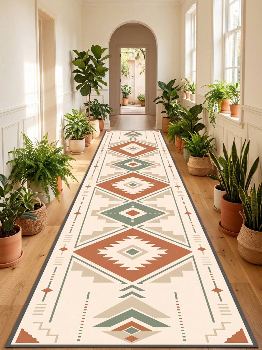 1pc Geometric Totem Patterned Long Runner Rug, Personalized Aesthetic Decor Carpet, Hallway Entryway Long Mat, Boho Vintage Style Accent Rug, Small Rug, Washable Carpet For Home Decor, Bedroom, Corridor - Multicolor - View 1