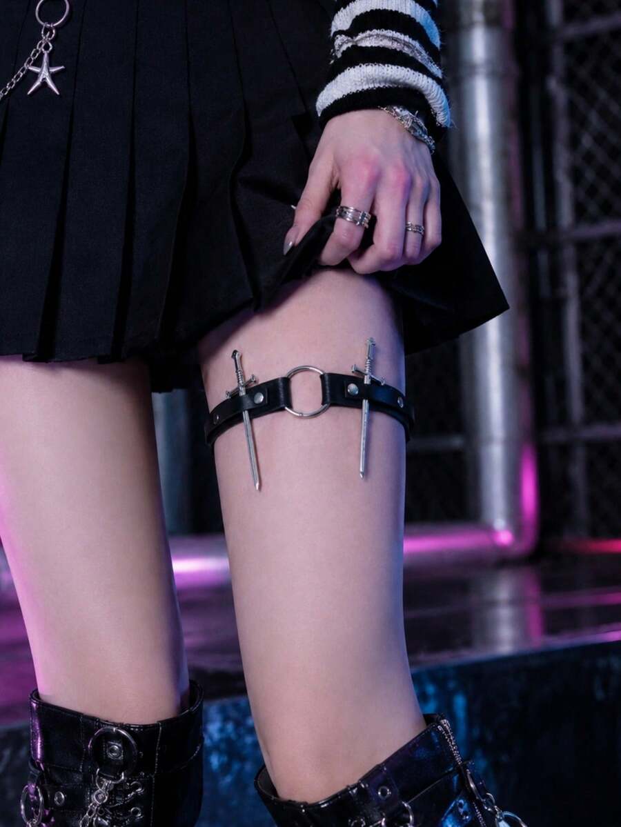 Y2K Gothic Style Women's Thigh Garter, Punk PU Leather Leg Strap, Adjustable Thigh Ring Garter, Suitable For Festivals, Cosplay And Alternative Fashion - Black - View 1