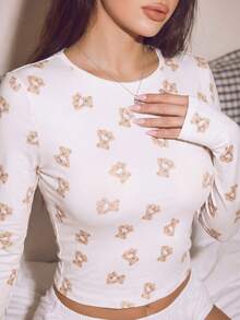 2026 Neues Damen Grafik T-Shirt, süßer Bären Muster, slim fit sexy Stil, Damen Pyjamas & Loungewear, geeignet für Sommer & Frühling, Y2K - Weiss - Übersicht 4
