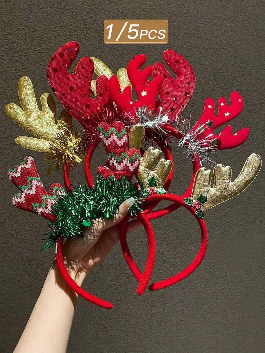 1/5 piezas Diadema con cuernos de reno de Navidad para mujer, linda y festiva para usar en vacaciones, aro para el cabello para accesorios de cabello de mujer - Multicolor - Ver 1