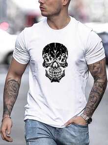 Camiseta casual de algodón masculina, corte ligero confortable, dise?o gráfico calavera estilo náutico gótico, adecuada para estilo callejero y descanso doméstico - Blanco - Ver 1
