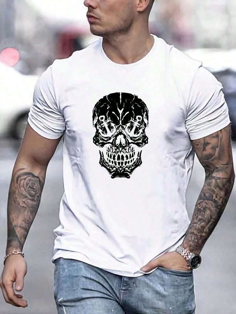 Camiseta casual de algodón masculina, corte ligero confortable, dise?o gráfico calavera estilo náutico gótico, adecuada para estilo callejero y descanso doméstico - Blanco - Ver 1