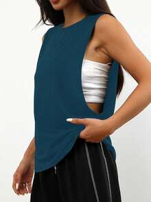 1pc Loose Fit Solid Color Sleeveless Pullover Casual Sportswear For Daily, Running, Fitness, Spring/Summer - Navy Blue - View 6