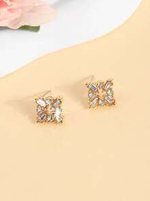 1 par de pendientes cortos cuadrados, pendientes cuadrados, diseño con sentido femenino, pendientes de estilo coreano cool de nicho, femenino - Dorado - View 3
