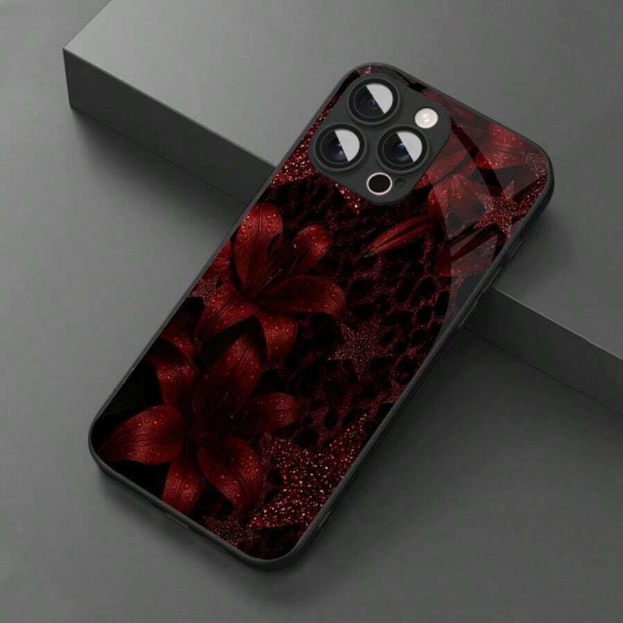 An Elegant Phone Case That Does Not Include A Lanyard Or Stand. This Shockproof, High-End, And Stylish Glass Phone Case Features A Vintage Floral Leopard Print And Intertwined Flowers. It's Compatible With [Brand Name Missing] And Made Of Tempered Glass, Making It A Perfect Spring Gift. - 黑色 6 - 查看 1