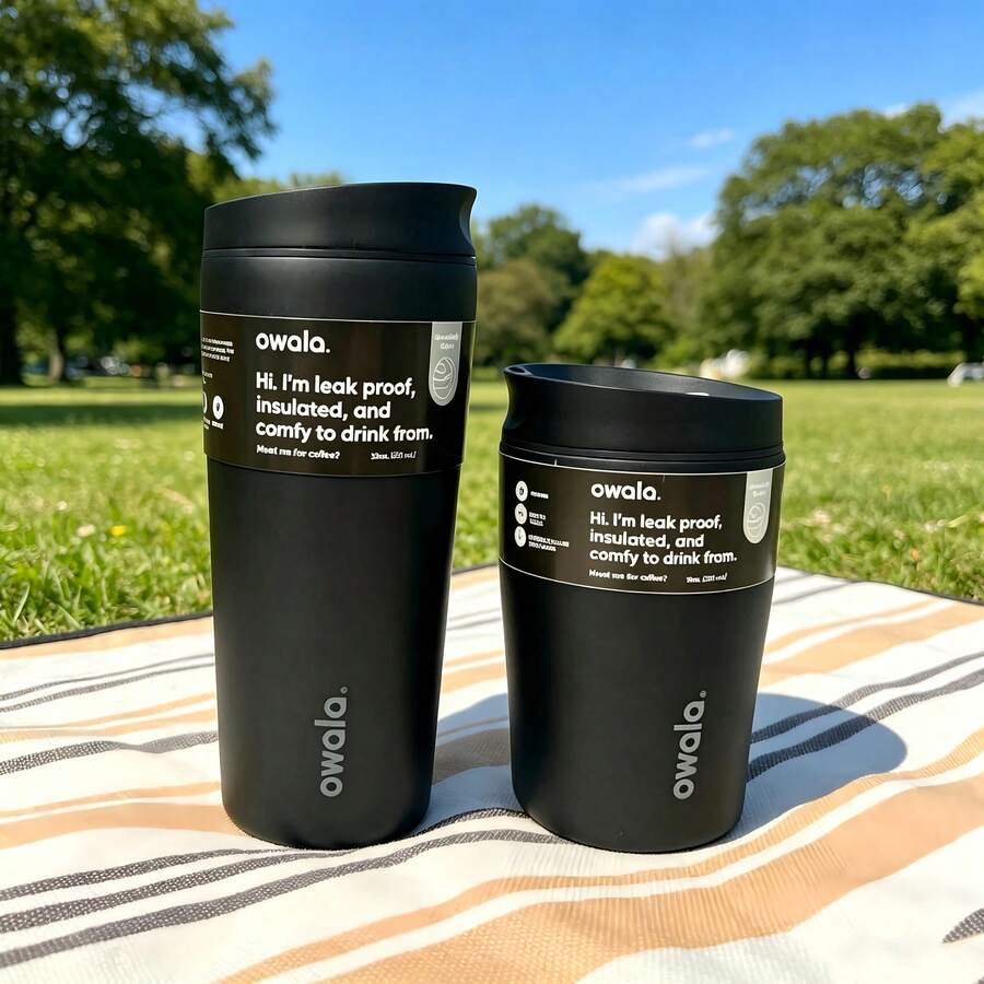 OWALA 20oz/12oz 不鏽鋼水壺,適用於運動、旅行和學校體育活動。此水壺可保持水溫超過 24 小時,密封性良好,便攜,翻蓋設計,非常適合裝冷熱飲、咖啡和冰凍飲料 - 黑色 - 查看 1