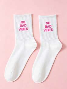 1 Pair Women's NO BADVIBES Letter Print Crew Socks, Casual Ribbed Knit Mid-Calf Socks, Fashionable Daily Sports Comfortable Socks - Multicolor - View 8