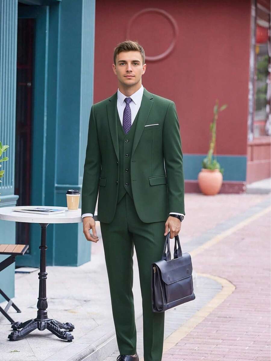 Men's Business Casual 3 Pieces Suit Set, Including Suit Jacket, Trousers, Vest, Groom Wedding Suit Jacket And Trousers Set, High-Quality Professional Commuter Suit Set