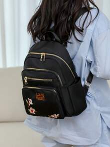 Tas Ransel Minimalis Wanita, Tas Bahu Vintage Bordir Huruf Bunga, Tas Ibu Klasik, Tas Ransel Pelajar - Hitam - View 2