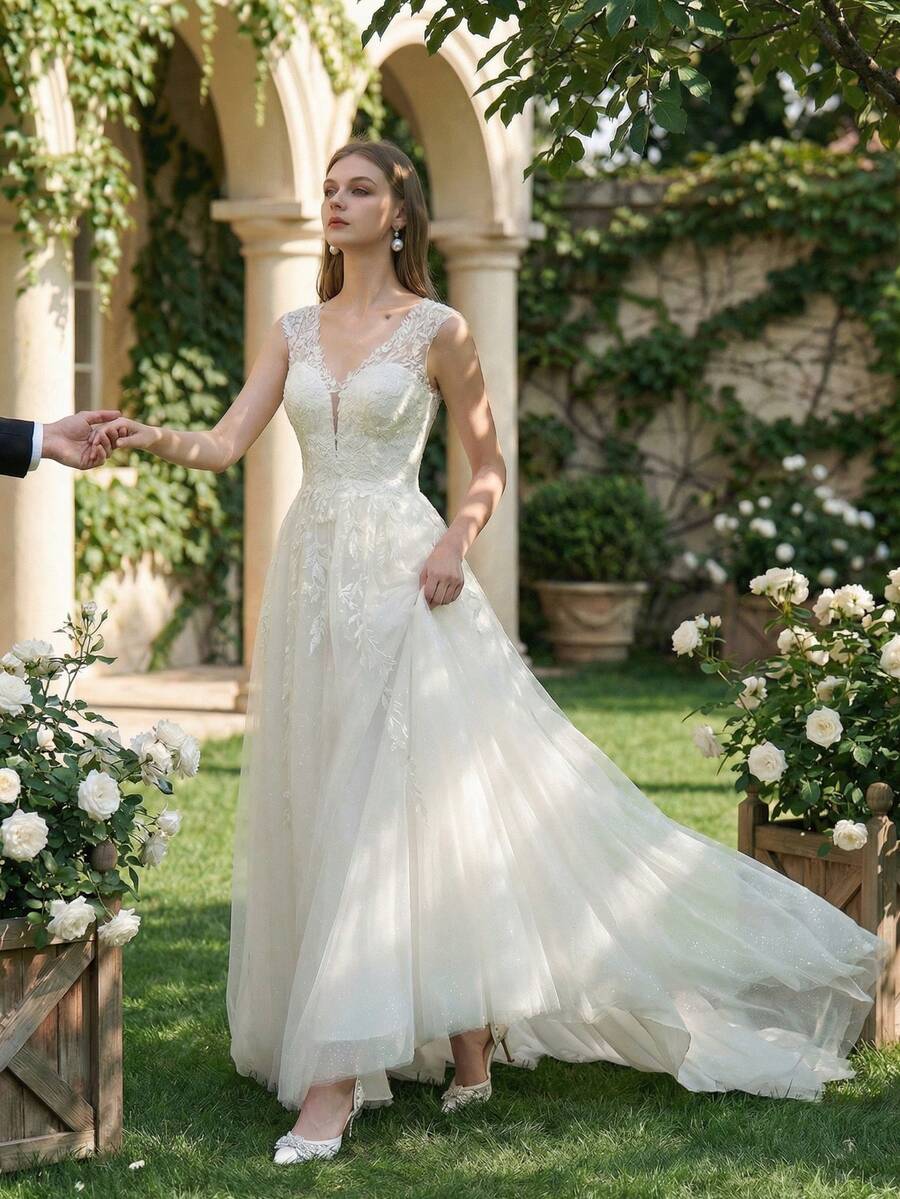 YOUKEFEIER New Elegant V-Neck Lace Embroidered Sequin Slimming Bridal Wedding Dress Suitable For Indoor And Outdoor Weddings (Veil Not Included) - Beige - View 1