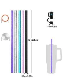 12支替換吸管、5個附刷子吸管蓋，適用於40oz、30oz、20oz、14oz保溫杯，適合旅行與冒險，可重複使用亮片吸管附刷子，透明粉、黑、紫、藍、橘，相容杯子配件 - 彩色 - 查看 3