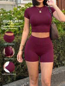 Women's Sports Two Pieces Summer Round Neck Short Sleeve T-Shirt Top And High Waisted Hip Shorts Suit For Yoga Gym Running Workout - Purple - View 5