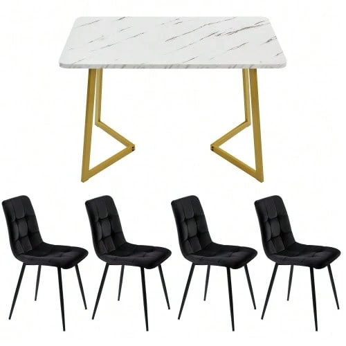 Rectangular Dining Table And Chairs Set Of 117 Cm With 4 Chairs, Modern Style, Black Velvet Chairs, Gold Table Legs. - 金色 - 查看 1