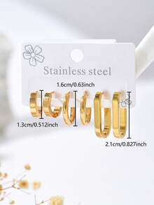 6pcs/Set Women's Stainless Steel Geometric Design Large Hoop Earrings Set, Suitable For Daily Wear - Gold - View 4
