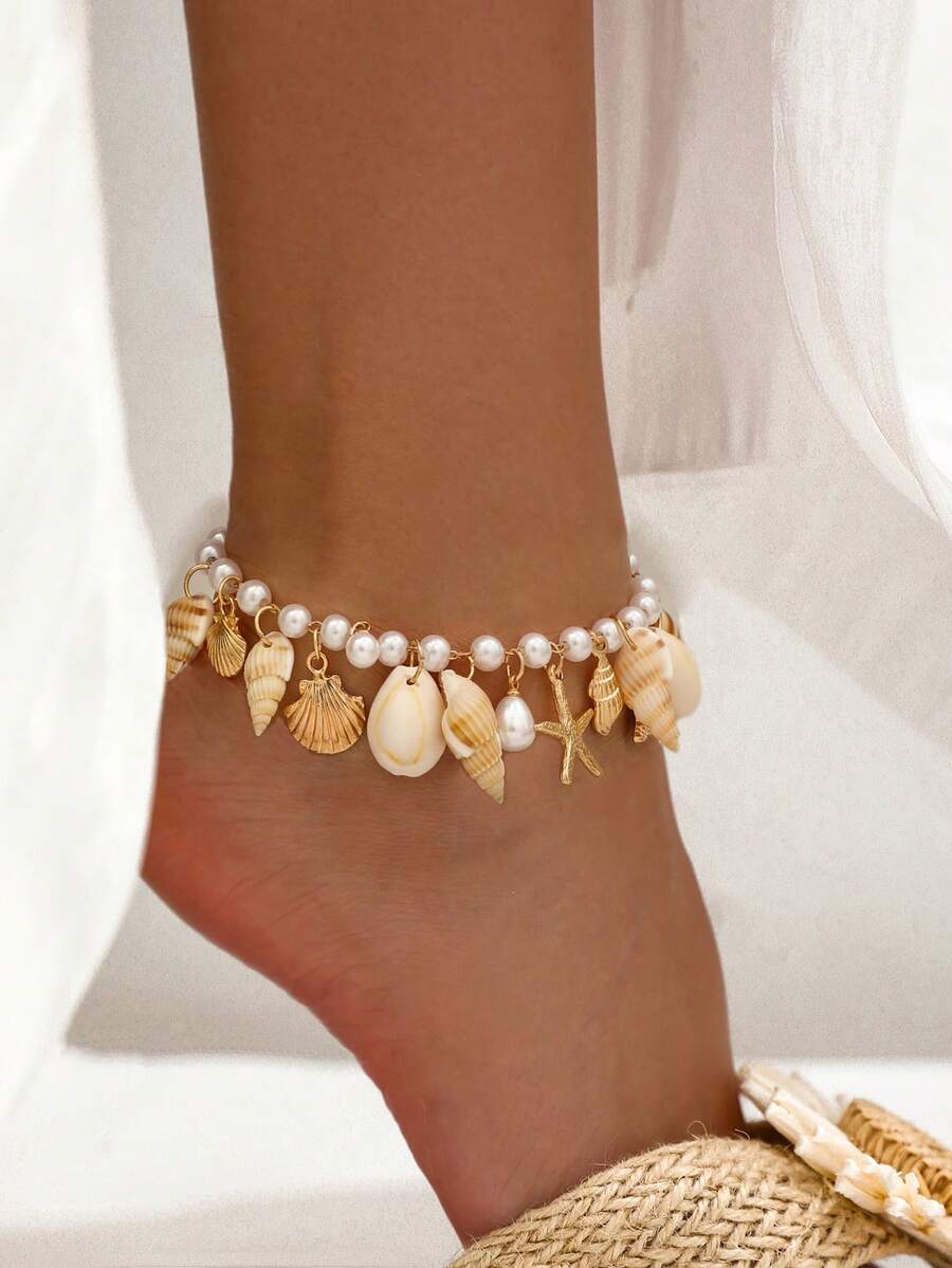 1 buah Gelang Kaki Manik-manik Bintang Laut, Kerang, dan Cangkang Keong Bohemian, Gelang Kaki Mutiara Imitasi untuk Liburan Pantai Musim Panas untuk Wanita - Emas - View 1
